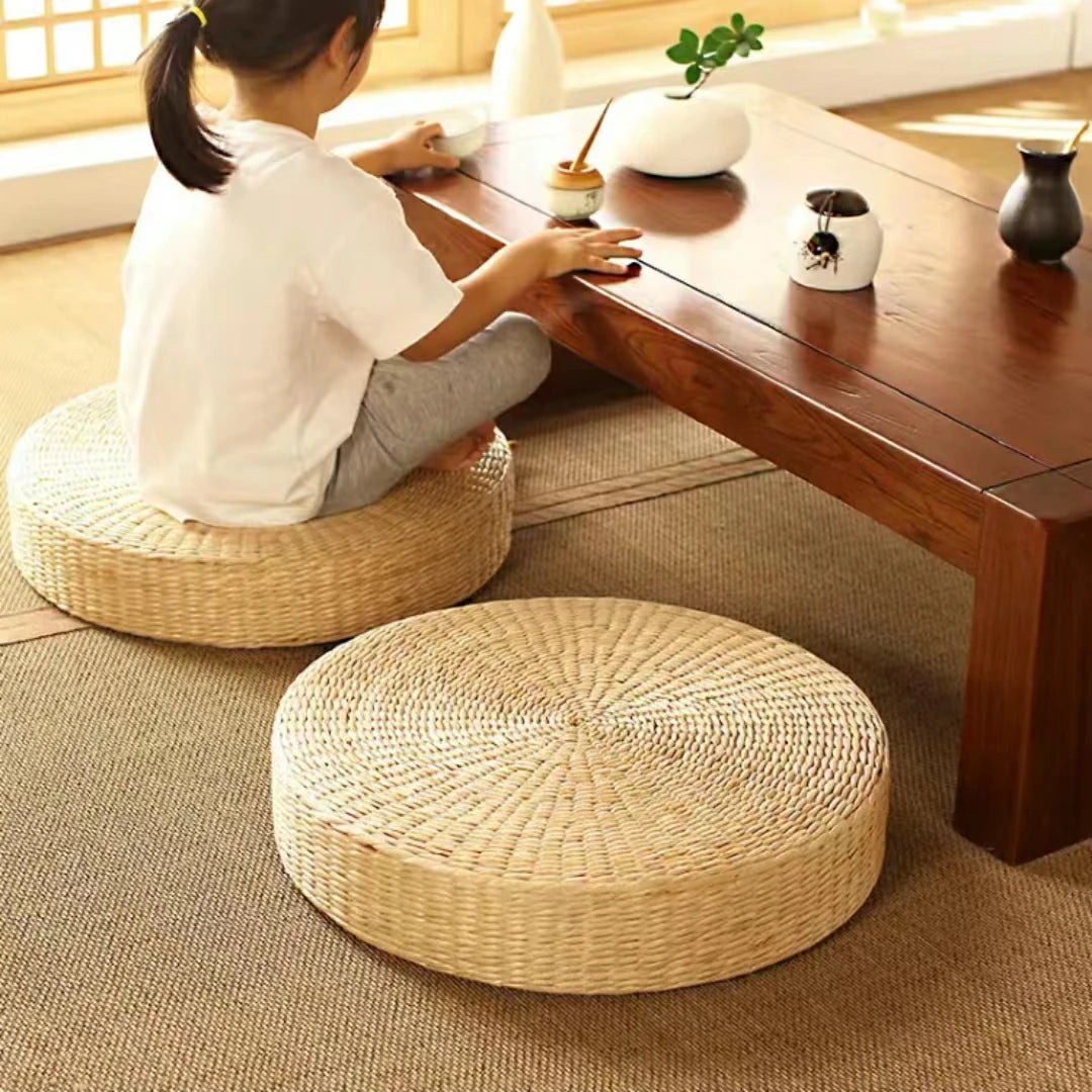 Floor Cushion/Japanese Style Cushion. Handmade, Natural Straw, Round Pouf. Tatami Cushion. 40cm*6cm